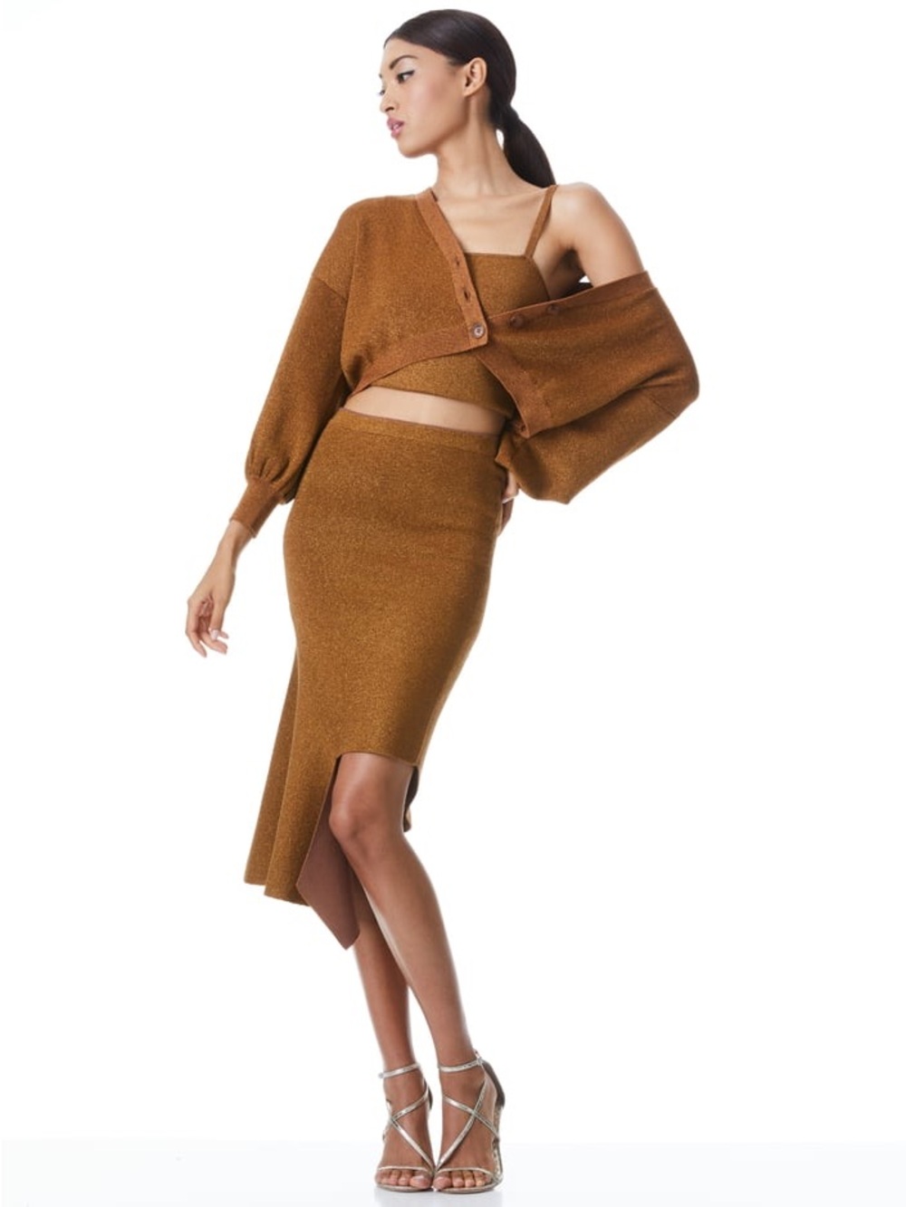 Alice + Olivia Rust Metallic Knit Cardigan and Skirt Set
